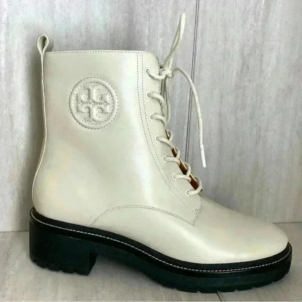 NEW Tory Burch Miller 50 White Leather Lug-Sole Booties Women’s Size 10.5